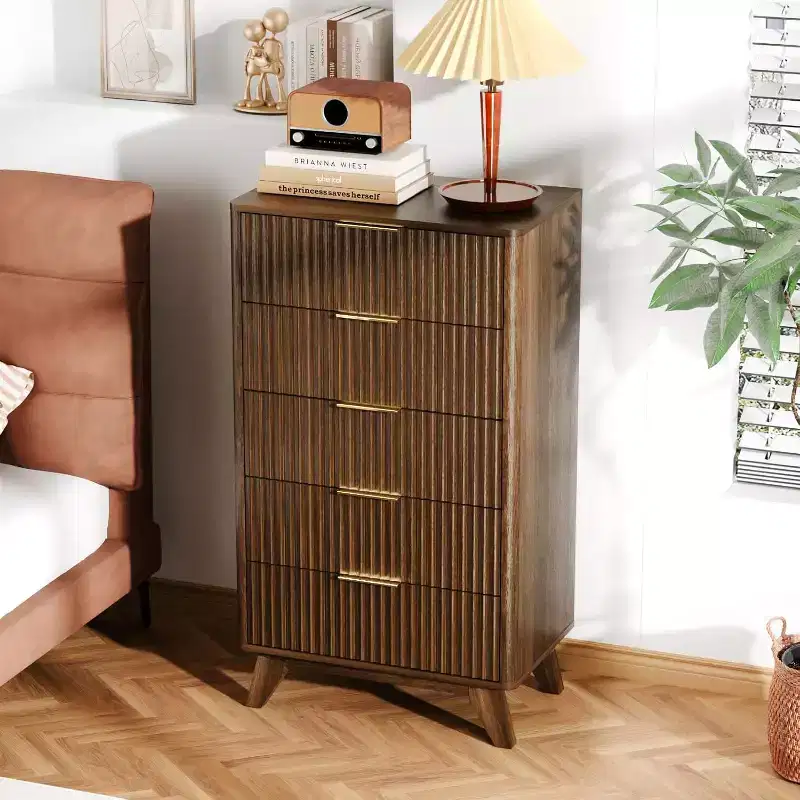 Fluted Tall 5-Drawer Dresser – Walnut Wood, Mid-Century Modern Chest of Drawers