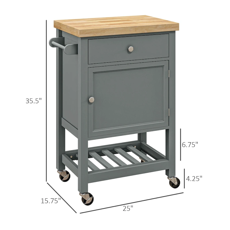 HOMCOM Utility Kitchen Cart, Rolling Kitchen Island with Smooth Rubberwood Top, Narrow Butcher Block Surface on Wheels