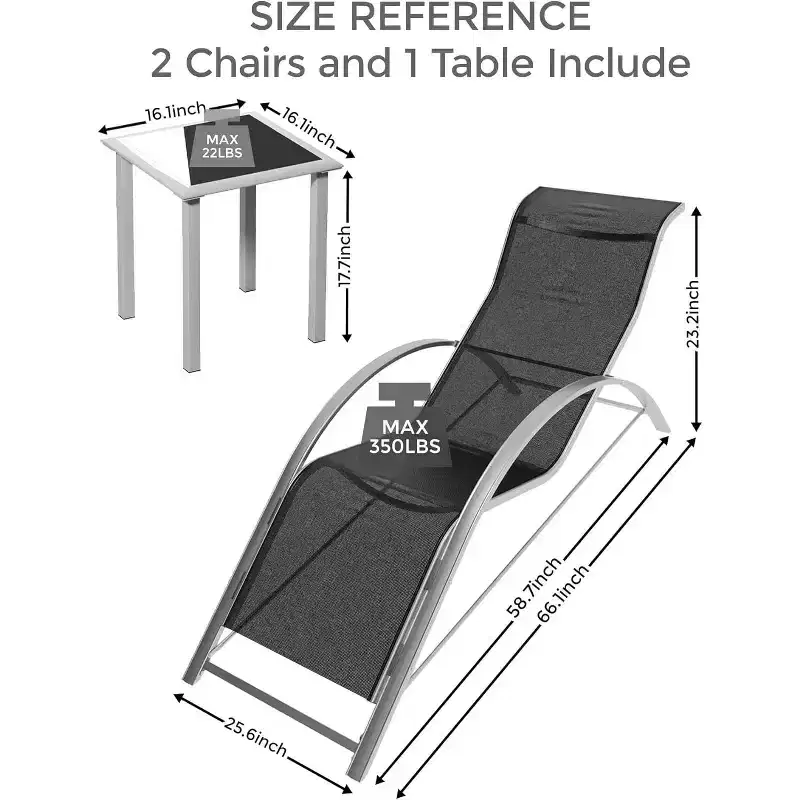 WhizMaz Outdoor Chaise Lounge Set of 3 - Pool & Beach Recliner Chairs with Side Table for Deck, Balcony, Lawn, Patio