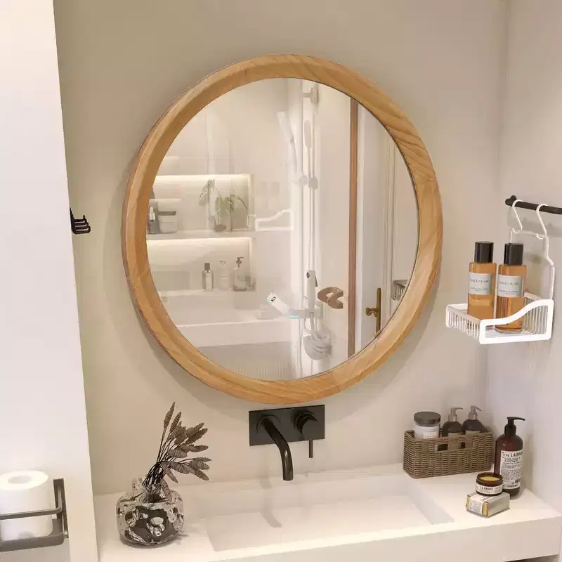 Whisen Round Distressed White Wood Decorative Wall Mirror with Beaded Trim, Shabby Chic Farmhouse Bathroom Vanity Mirror