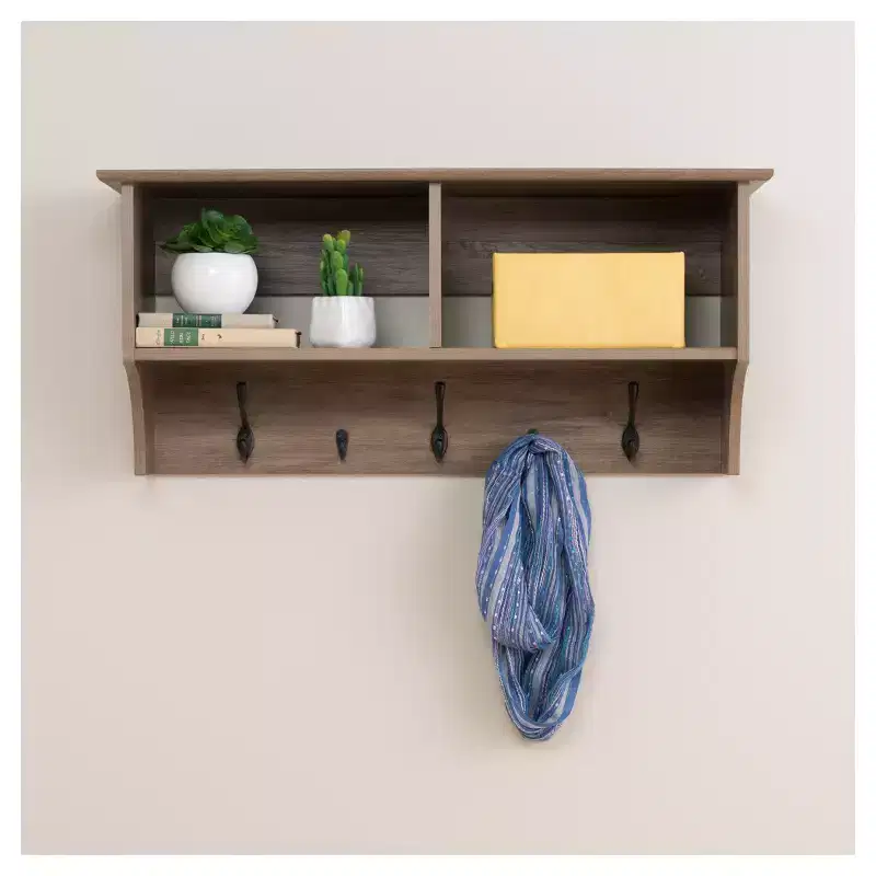 36'' Hanging Entryway Shelf with Hooks, 2 Compartments, 50 lb Capacity
