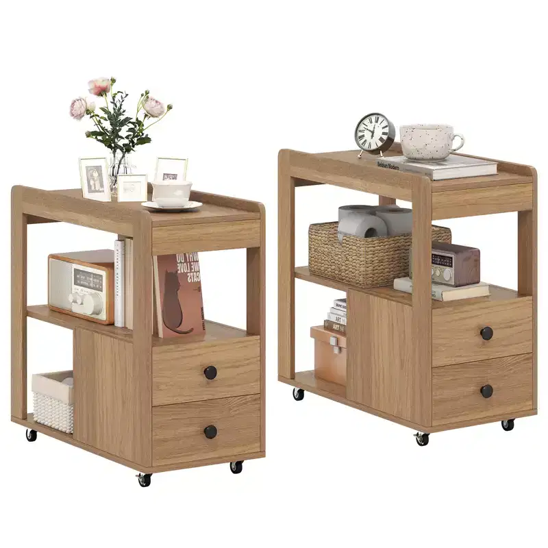 Costway 2 PCS Narrow End Table Modern 2-Drawer Sofa Side Table w/ Open Shelves Nightstand