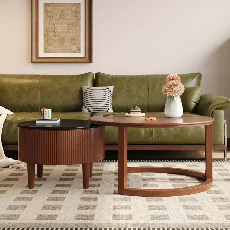 Round Nesting Coffee Table, Retro-Style with Grooves and Drawer, for Bedroom, Living Room, Dining Room