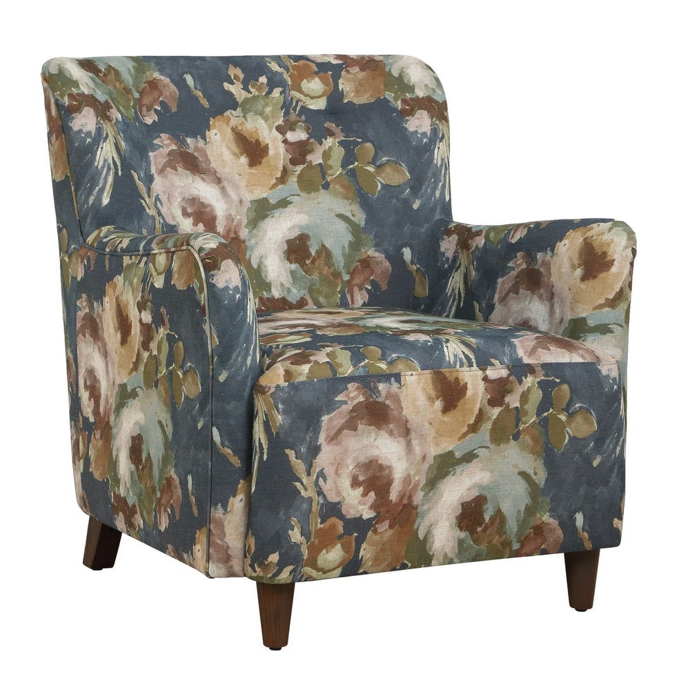 Watercolor Floral Ikat Chenille Light Walnut Leg Upholstered Armchair