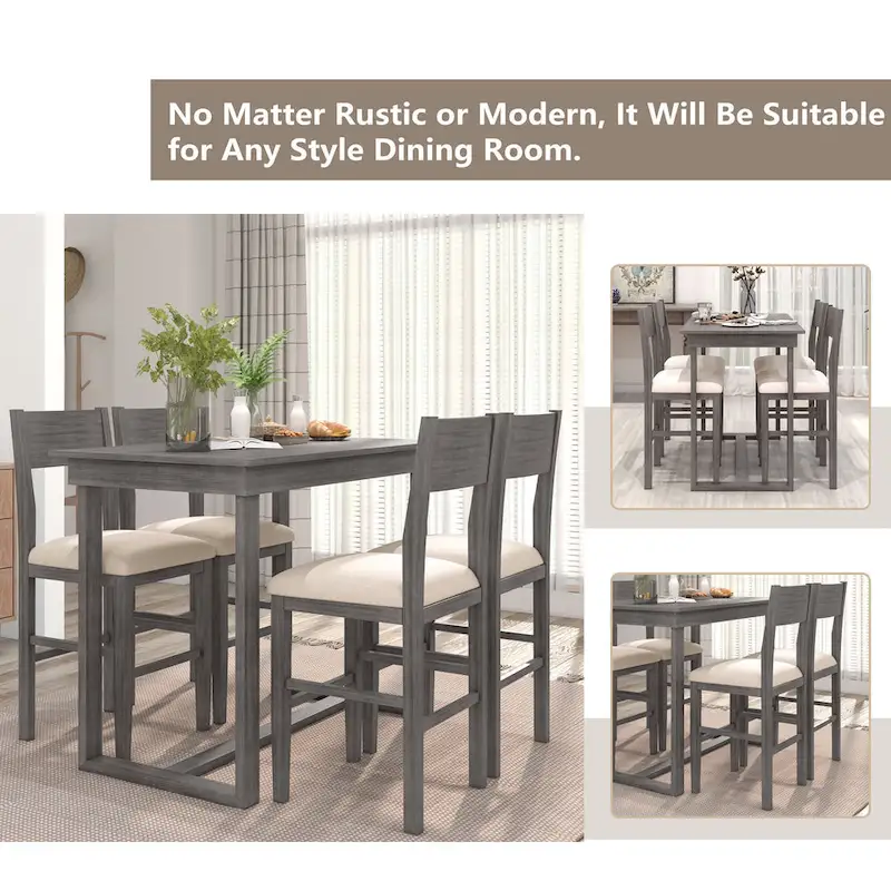 5 Pcs Counter Height Dining Table Set, Solid Wood Kitchen Dining Table Set with Rectangular Dining Table and 4 Dining Chairs