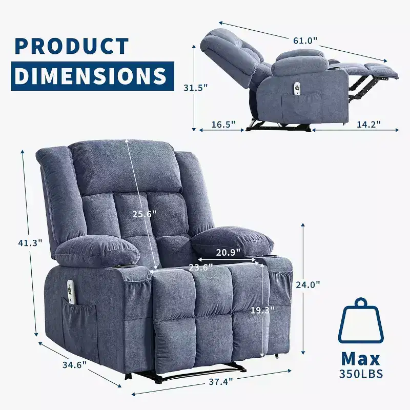 Acekool Massage Heat Recliner Chair, Extra Large Footrest, High Back, Deep Seat Rocker with Pockets, for Living Room