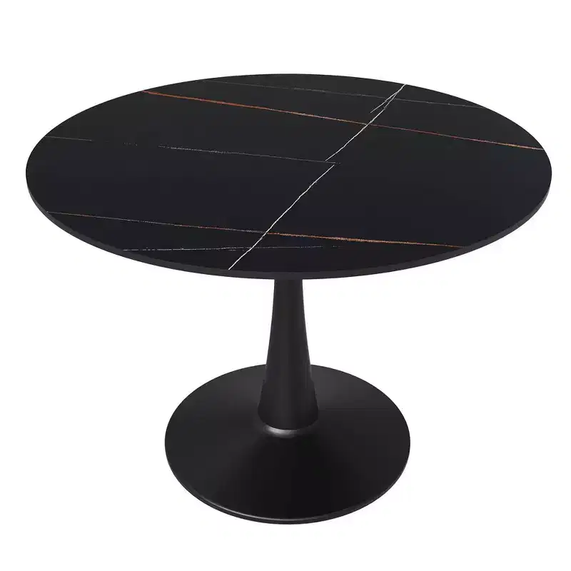 LeisureMod Bristol 40 Round Dining Table  Sintered Stone Top Accent Caf Table & Sturdy Steel Black Pedestal Base for Kitchen and Small Spaces