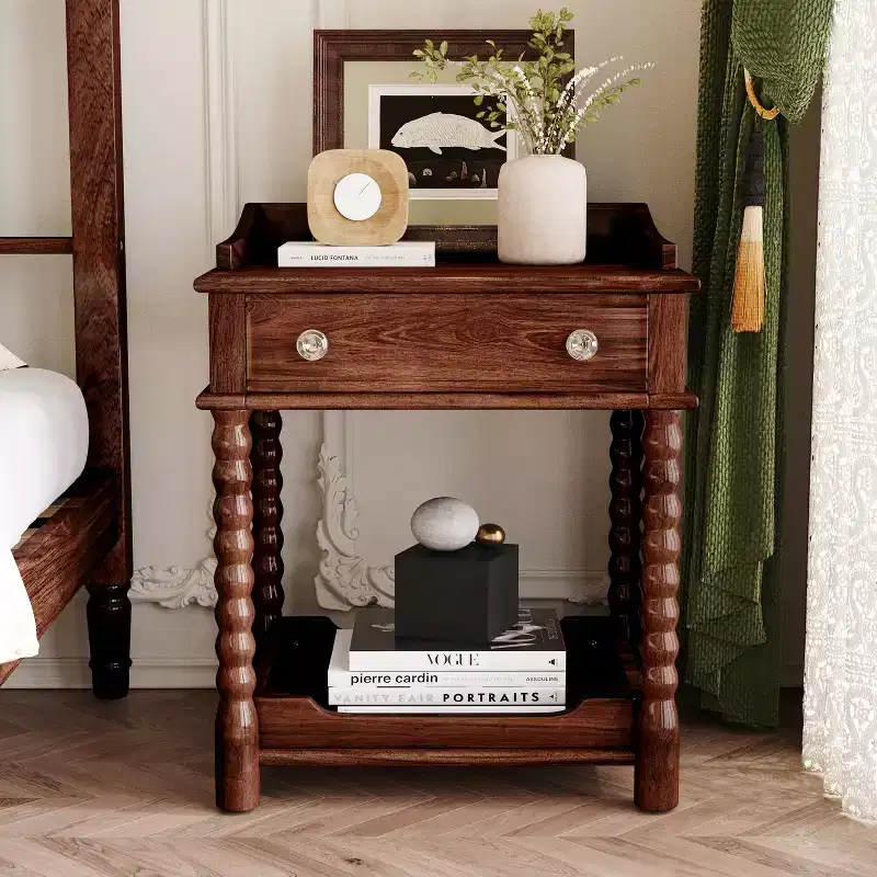 Vintage Nightstand Retro End Table Sofa Side Table Accent Table Bed Beside Table with Drawer, Open Shelf & Turned Legs - ModernLuxe