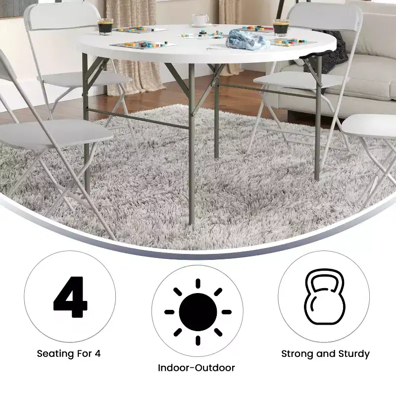 White Round Folding Table, Plastic Top, Seats 4
