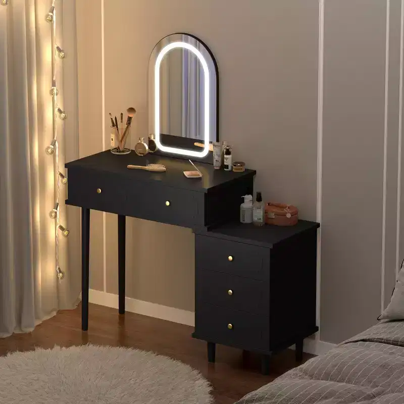 Makeup Vanity Desk with Mirror and Lights, Modern White Vanity Table with 2 Drawers & Adjustable 3-Drawer Cabinet