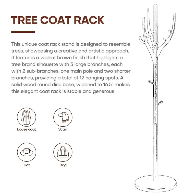 Adjustable Tree-branch Coat Rack Freestanding, Rubberwood Coat Tree - 16.54Dia. x 71.65H