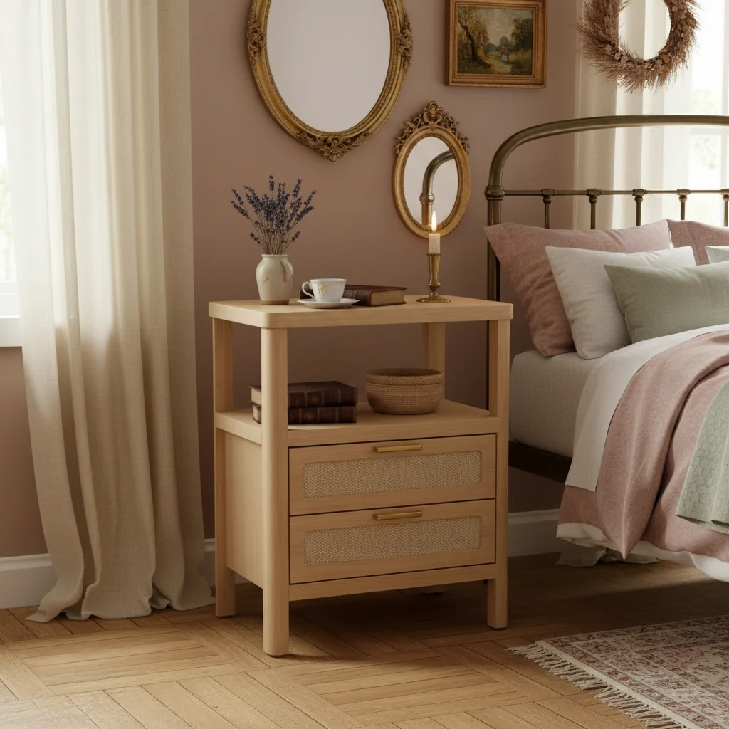Nightstands of , 20 Inch Light Oak Bedside Tables with Rounded Corners, -Tier Storage with Drawer and Open Shelf for Bedroom