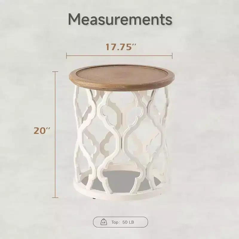 COZAYH Rustic Round End Table with Wood Tray Top Side Table for Living Room or Bedroom Small Furniture Piece 17.75 x 20 Inches, White