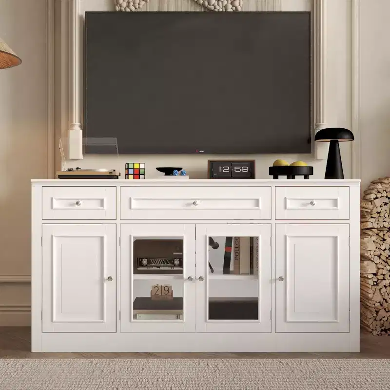 Famapy Modern TV Stand with Glass Doors 3-Drawer Media Console with Cable Management Versatile Storage Side Cabinet for Living Room