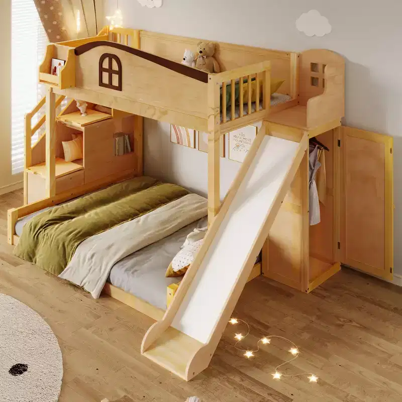 Twin over Full Bunk Bed with Slide and Wardrobe for Kids, Space Saving Wood Bunk Bed Frame with Storage Staircase & Open Shelf