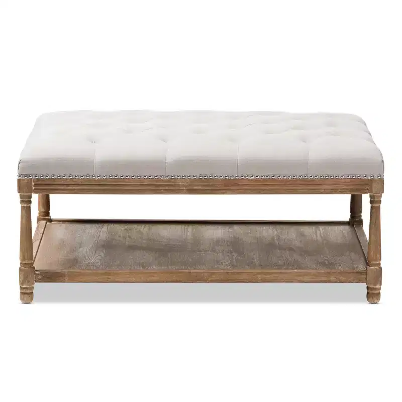 French Country Weathered Oak Linen Rectangular Coffee Table Ottoman - Beige