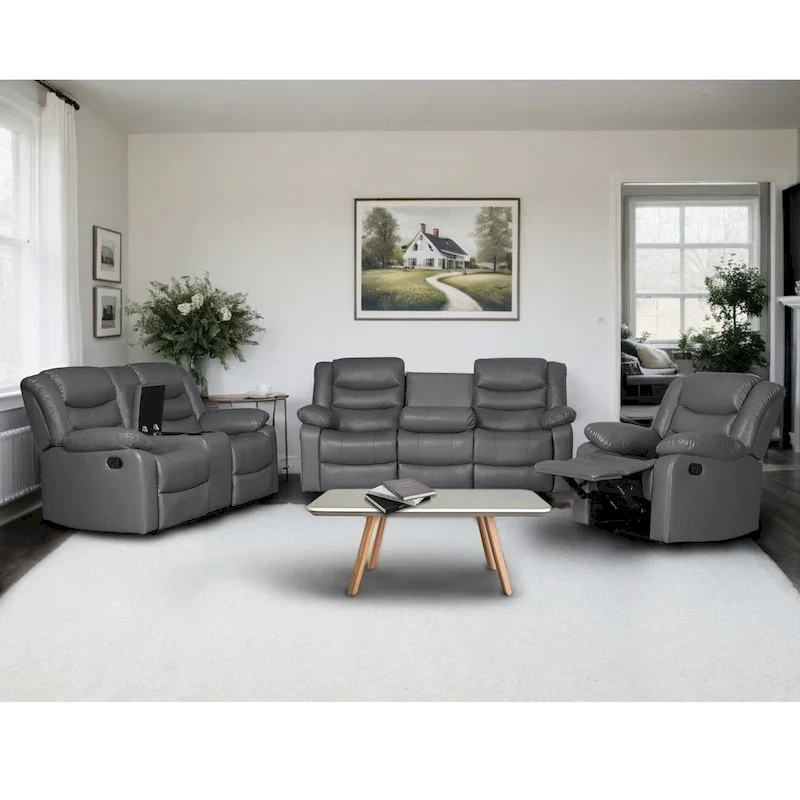 3 Piece Faux Leather Manual Reclining Livingroom Sofa  with Dropdown Table and Console
