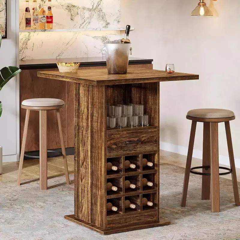 Lantine Square Bar Table, 39.37 H Industrial Cocktail Pub Table with Wine Rack, Home Bar Unit for Living Room, Kitchen