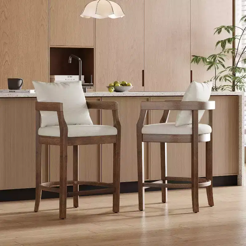 Christopher Knight Home Flora Rustic Rubberwood Upholstered Counter Stools with Curved Backrest and Pillows (Set of 2)