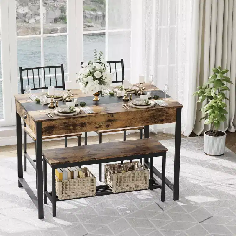 Dining Table for 4, Small Kitchen Table and 2 Chairs for 4 with Bench, Rectangular Farmhouse Table