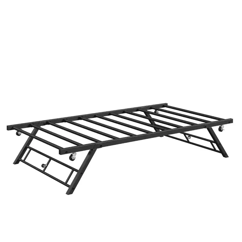 Twin Trundle Bed with Lockable Wheels - Foldable Metal Pop-Up Bed Frame for Bedroom, Guest Room & Living Room