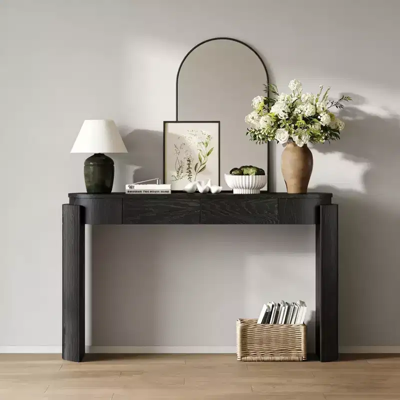 Entryway Console Table with Natural Wood Grain Finish, Fluted Design, Oval Top and 2 Drawers, Storage Table for Entryway or Living Room, Black