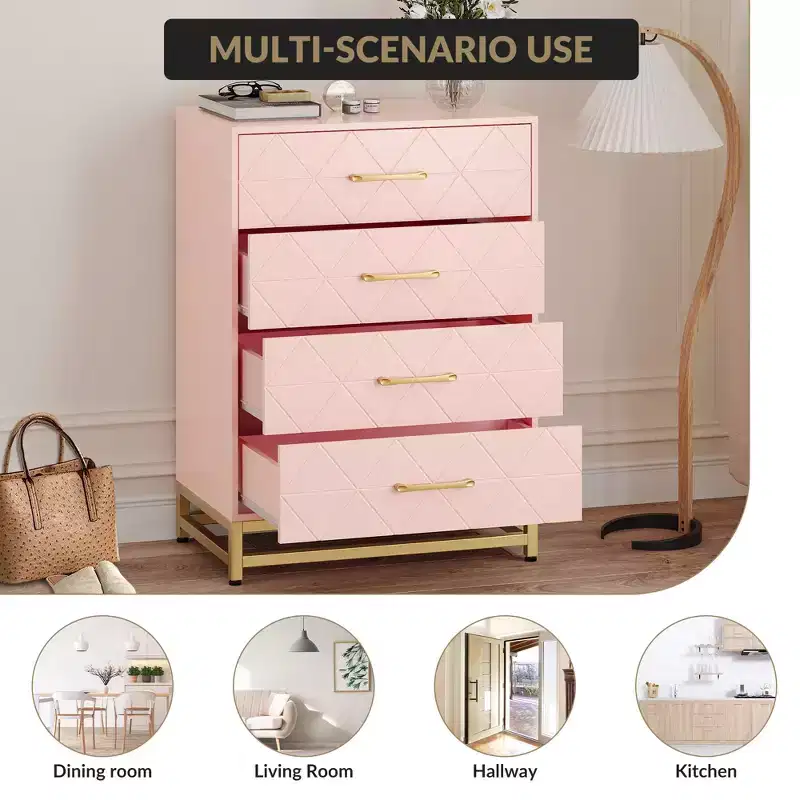 Wooden drawer cabinet, modern tall storage unit with anti-tip device, suitable for bedrooms, living rooms, and hallways.