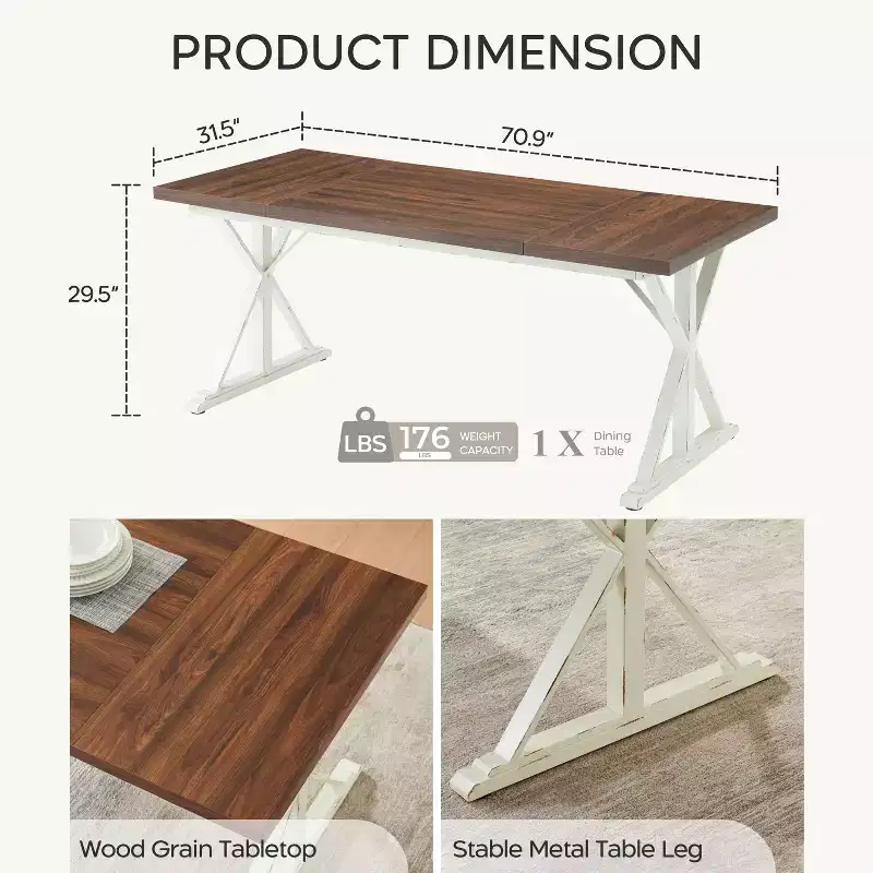 Traditional 6-Person Dining Table with Metal Legs, Grooved MDF Top, Brown & White, 70.87