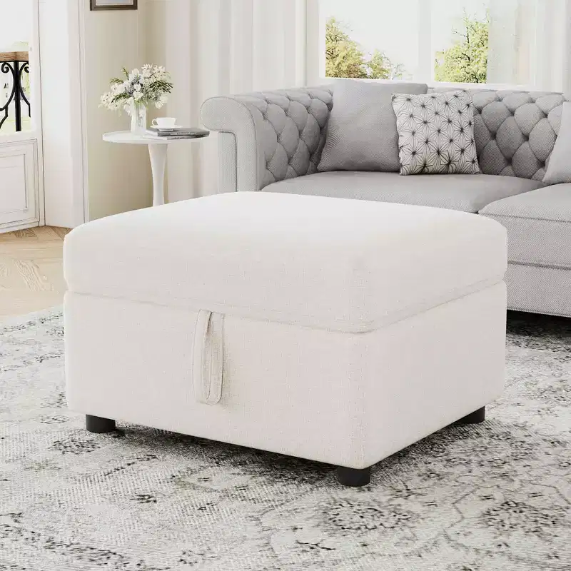 Movable Storage Ottoman Footrest with Hidden Compartment & Plush Corduroy Seat, 250 lbs, Beige