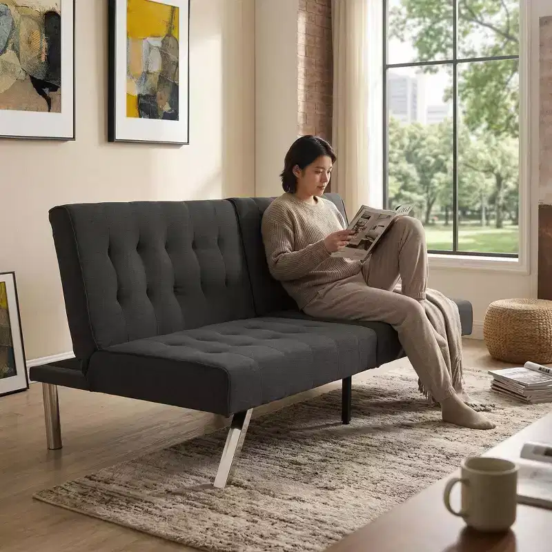 FurnitureR Fabric Convertible Futon Sofa Bed, Modern Adjustable Sleeper Couch with Tufted Cushion, Small Space Living Room Guest Bed Sofa