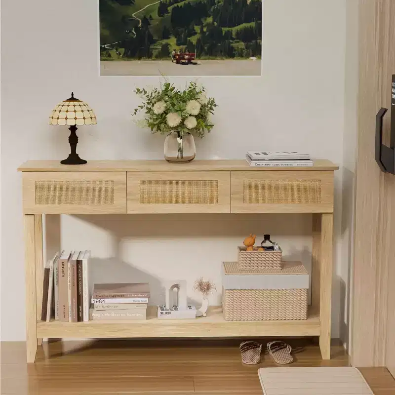 51-Inch Console Table with Drawers and Rattan Storage Shelf