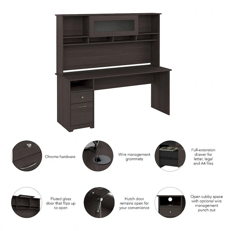 72W Computer Desk with Hutch and Drawers by