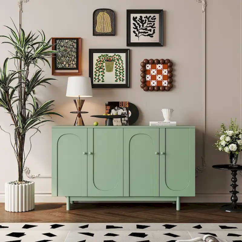 Functional 4-Door Intaglio Storage Cabinet with Pine Legs