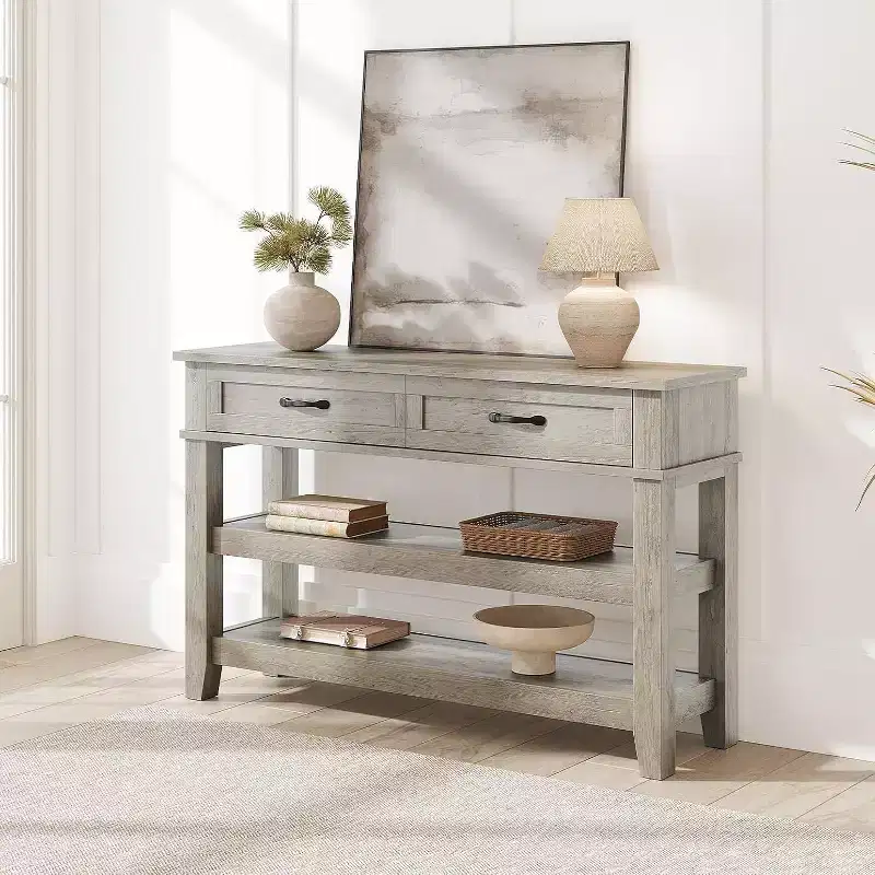 Farmhouse Style Console Table with 2 Drawers & 3 Shelves, Entryway Table with Storage, Grey Sofa Table for Living Room, Hallway, Entry