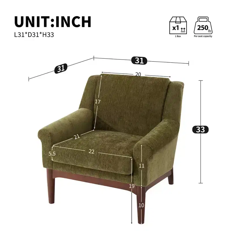 Whisen Sculptural Flared Arm Accent Chair with Solid Wood Frame Modern Reclined Upholstered Lounge Chair, Ergonomic Reading Chair