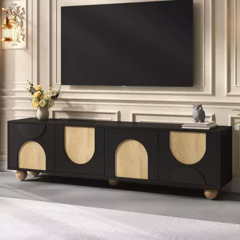 CLIHOME Farmhouse TV Stand for TVs up to 75, Cream Style Media Console with Rebound Device, Entertainment Center with 5 Solid Wood Legs