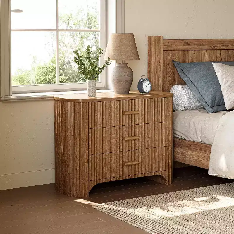 Tribesigns Wide Nightstand with 3 Drawers, Modern Oversized Bedside Table for Bedroom, with Fluted Striped Panel & Closed Back, Deep Brown