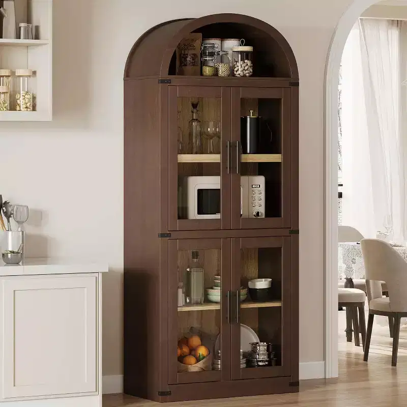 72'' Arched Bookcase with Glass Doors, 6-Tier Wooden Storage Cabinet for Living Room, Kitchen or Office, Farmhouse Style Display Shelves