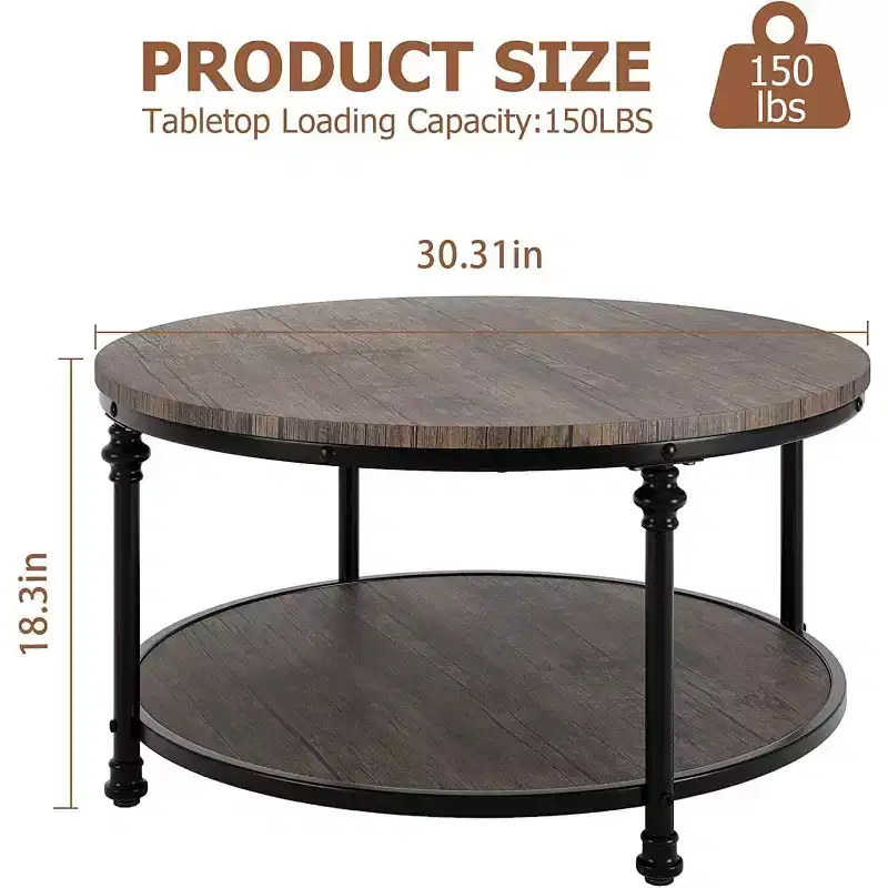 Modern Farmhouse Round Coffee Table, with Storage Shelf & Metal Roman Legs, Easy to Assemble, Accent Furniture for Living Room