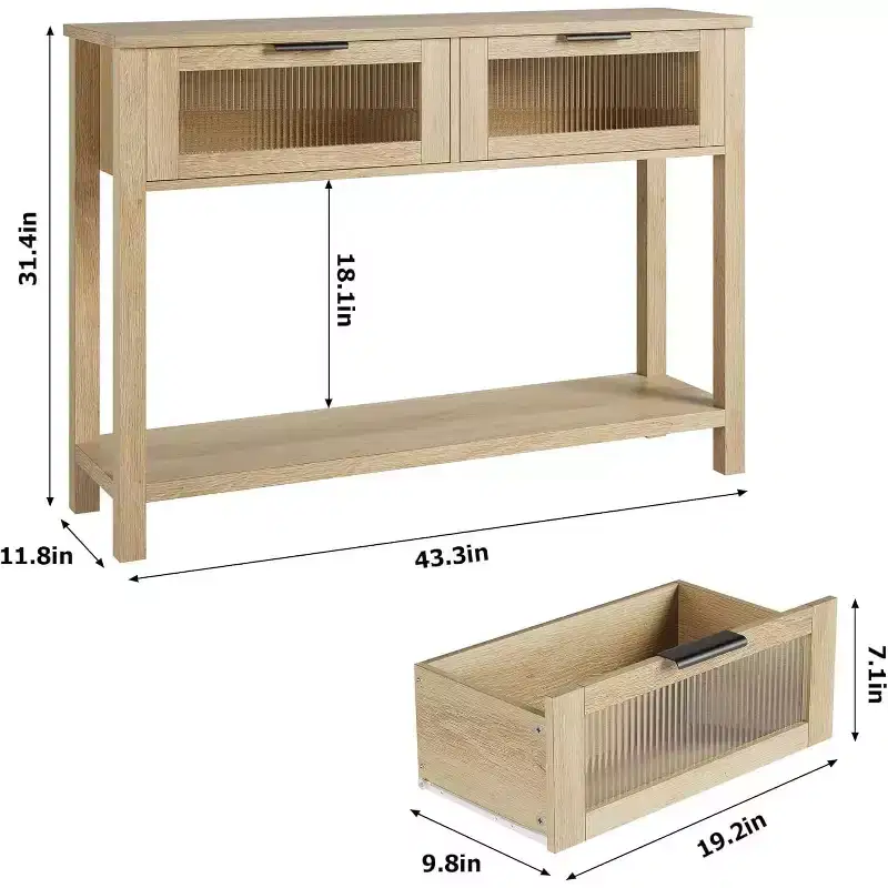 Rustic Wood Console Table with 2 Glass Drawers - Narrow 2-Tier Sofa Side Table - Open Storage Shelf for Living Room, Hallway, Foyer, Kitchen, Office
