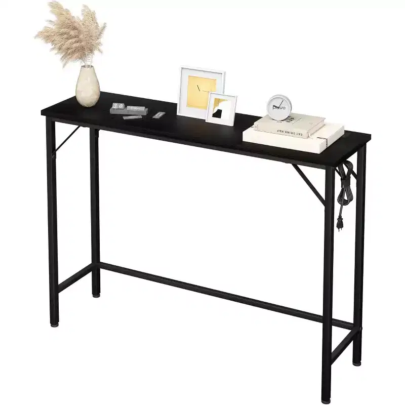 39.4 Modern Console Table with Built-in Charging Station, Slim Top & Metal Legs, Entryway, Hallway & Behind Sofa Table for Living Room, Apartment