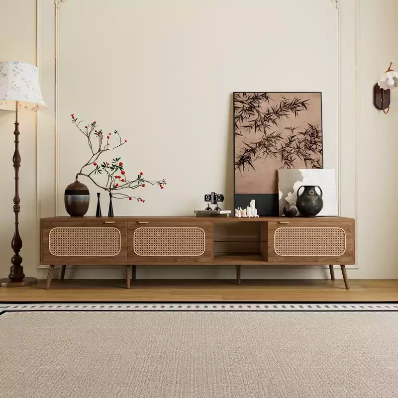 ModernLuxe TV Stand for up to 85 TV, Entertainment Center with Open Shelves & Rattan Doors, Console Table, Walnut
