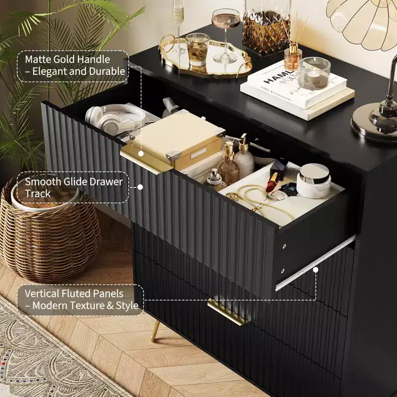 Bedroom four-drawer wardrobe - wave patterned cabinet, modern standing storage cabinet, slim bedside table