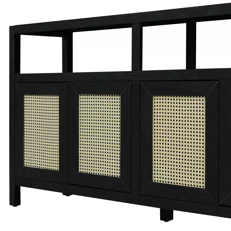 Bohemian Rattan Buffet Storage Cabinet with Solid Wood Frame and Adjustable Shelves for Dining and Living Room