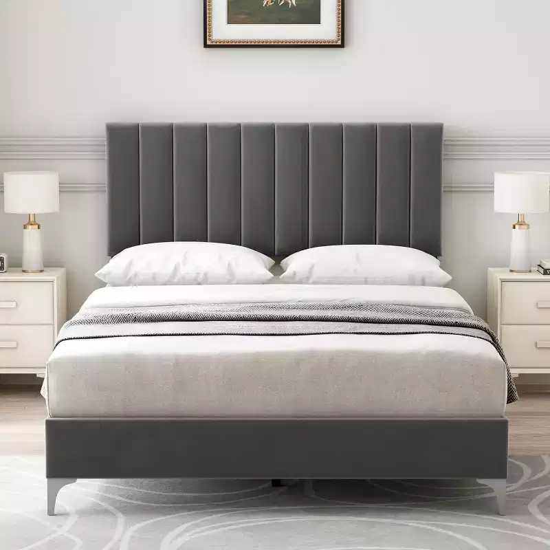 Dark Grey Velvet Upholstered Platform Bed, Adjustable Headboard, For 2