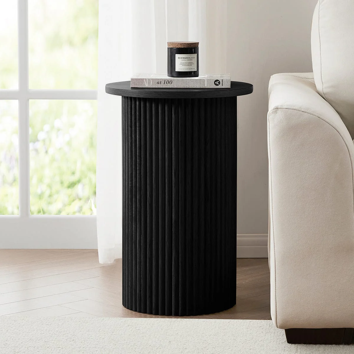 Contemporary Black Wood Effect Side Table with Cylindrical Base for Living Room