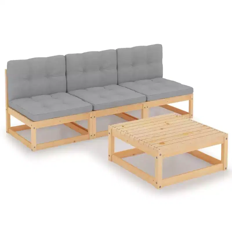 vidaXL Patio Furniture Set 4 Piece Outdoor Sectional Sofa Solid Wood Pine - Natural With Cushions