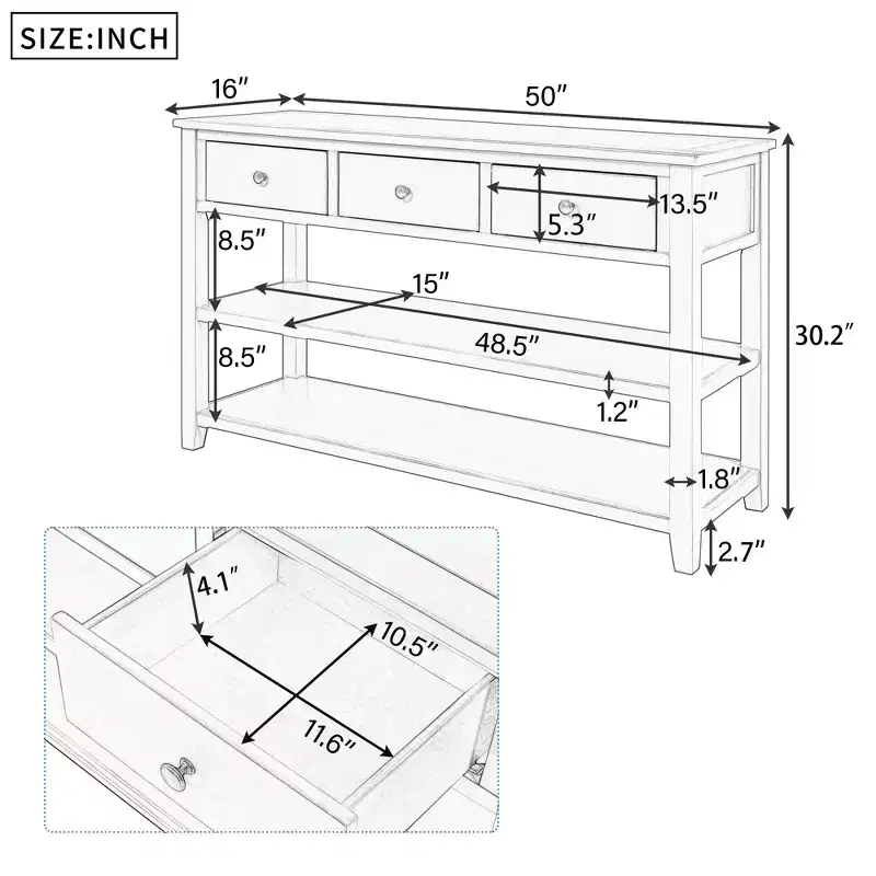 Whisen Modern Design Console Table with 3 Drawers and 2 Open Shelves