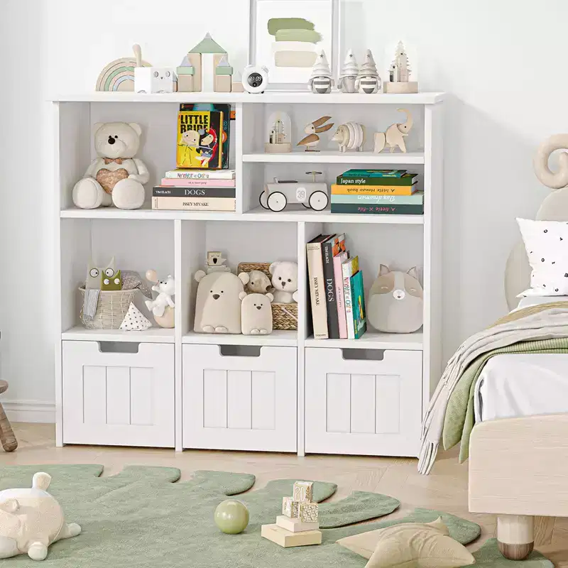 Toy Storage Organizer & Kids Bookcase with 3 Movable Drawers & Hidden Wheels, White
