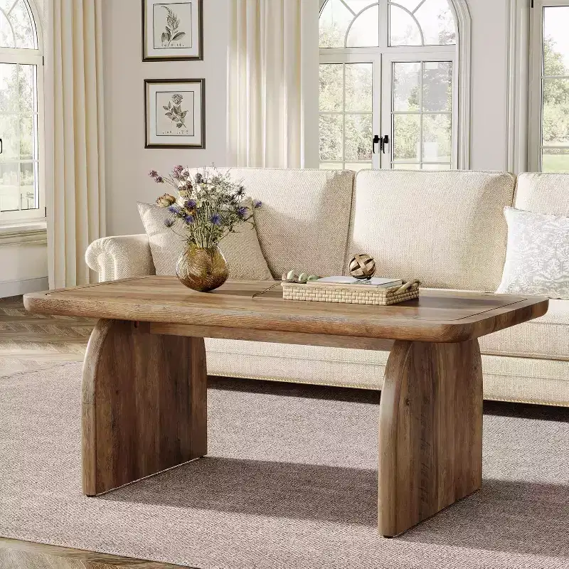 47-Inch Wood Farmhouse Rectangle Coffee Table, Low Cocktail Tea Table, Easy Assembly